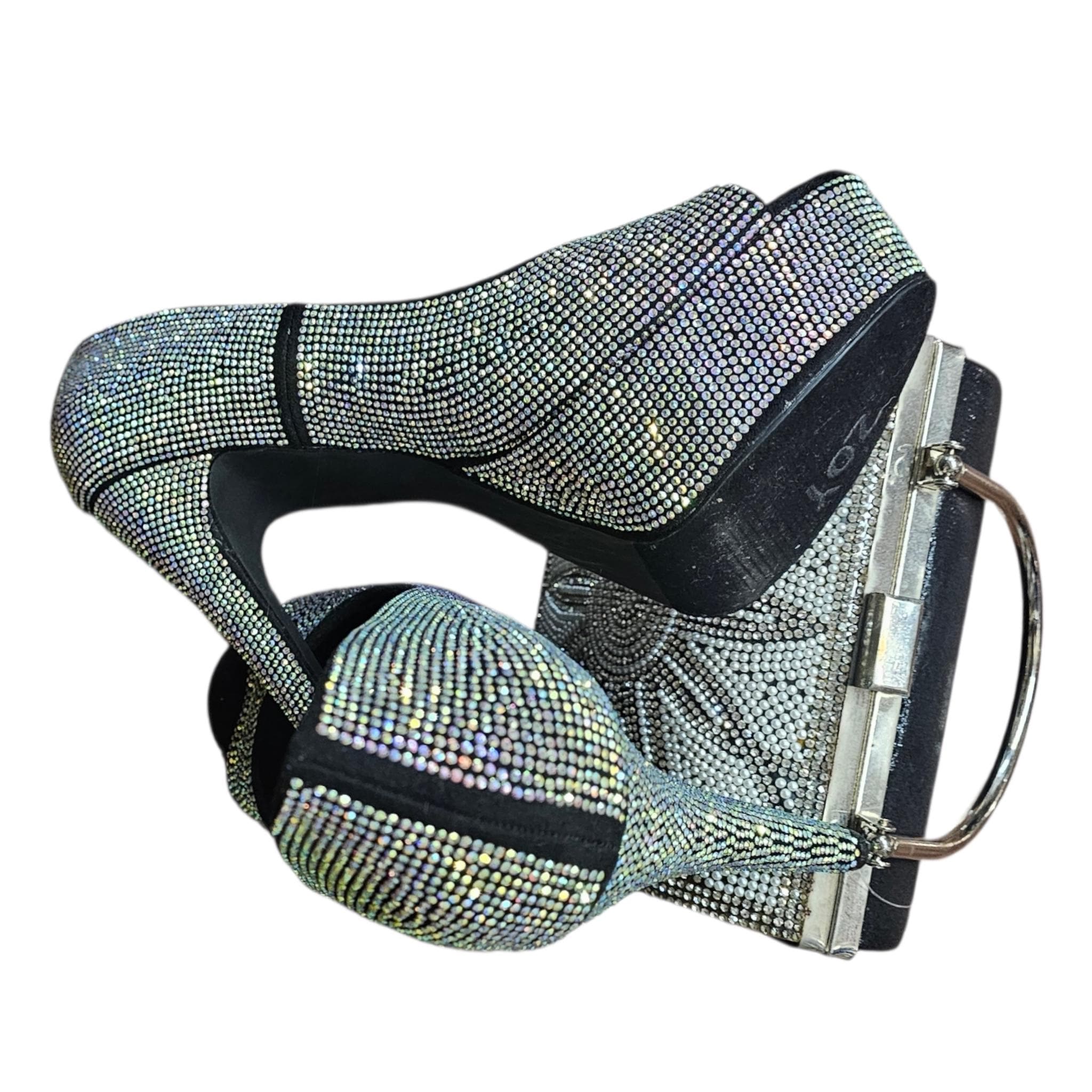 Italian women silver and black stiletto high heel rhinestone shoe sets and bag - Vicais