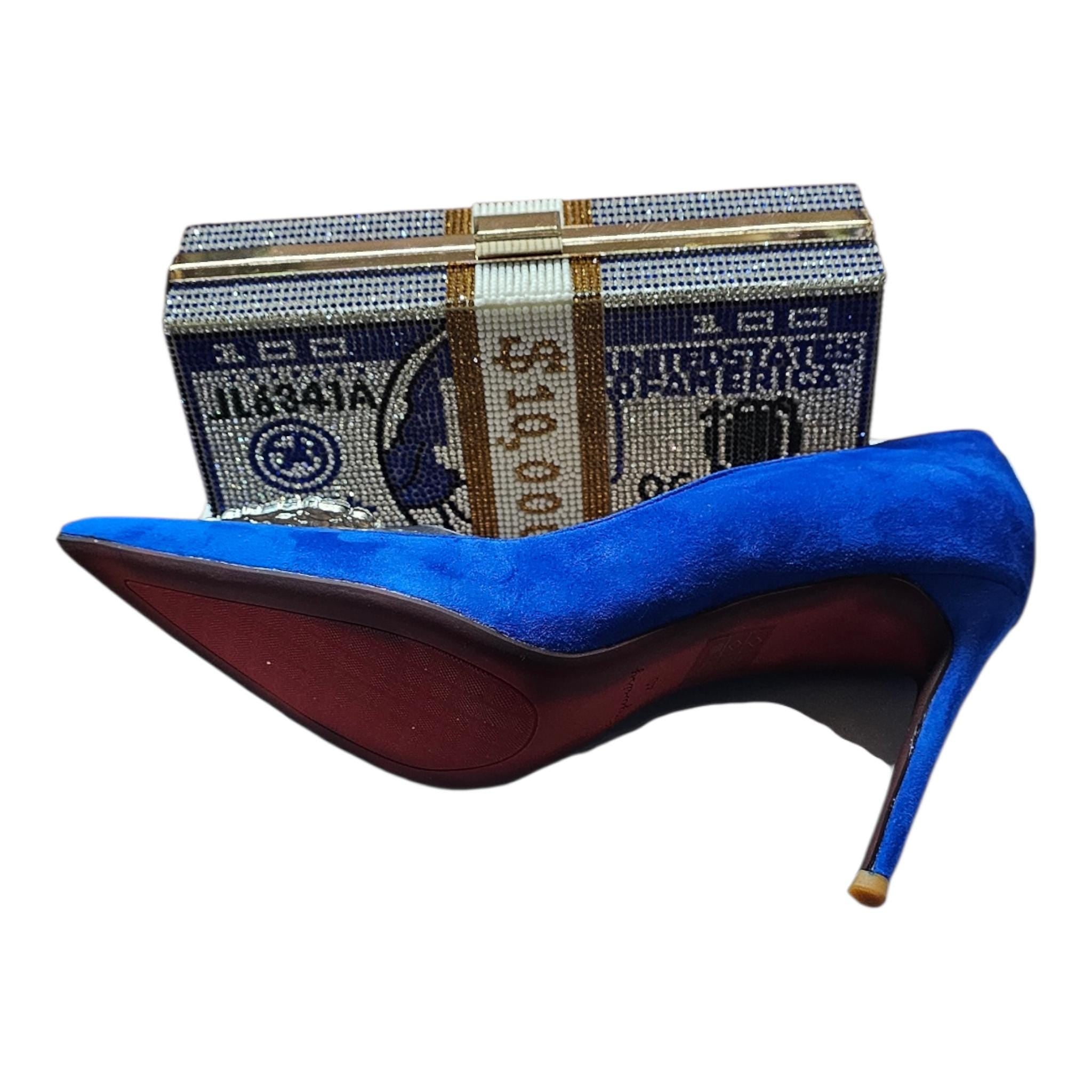 Red bottom suede close toe pointed high heel pump with dollar sign machine bag. - Vicais