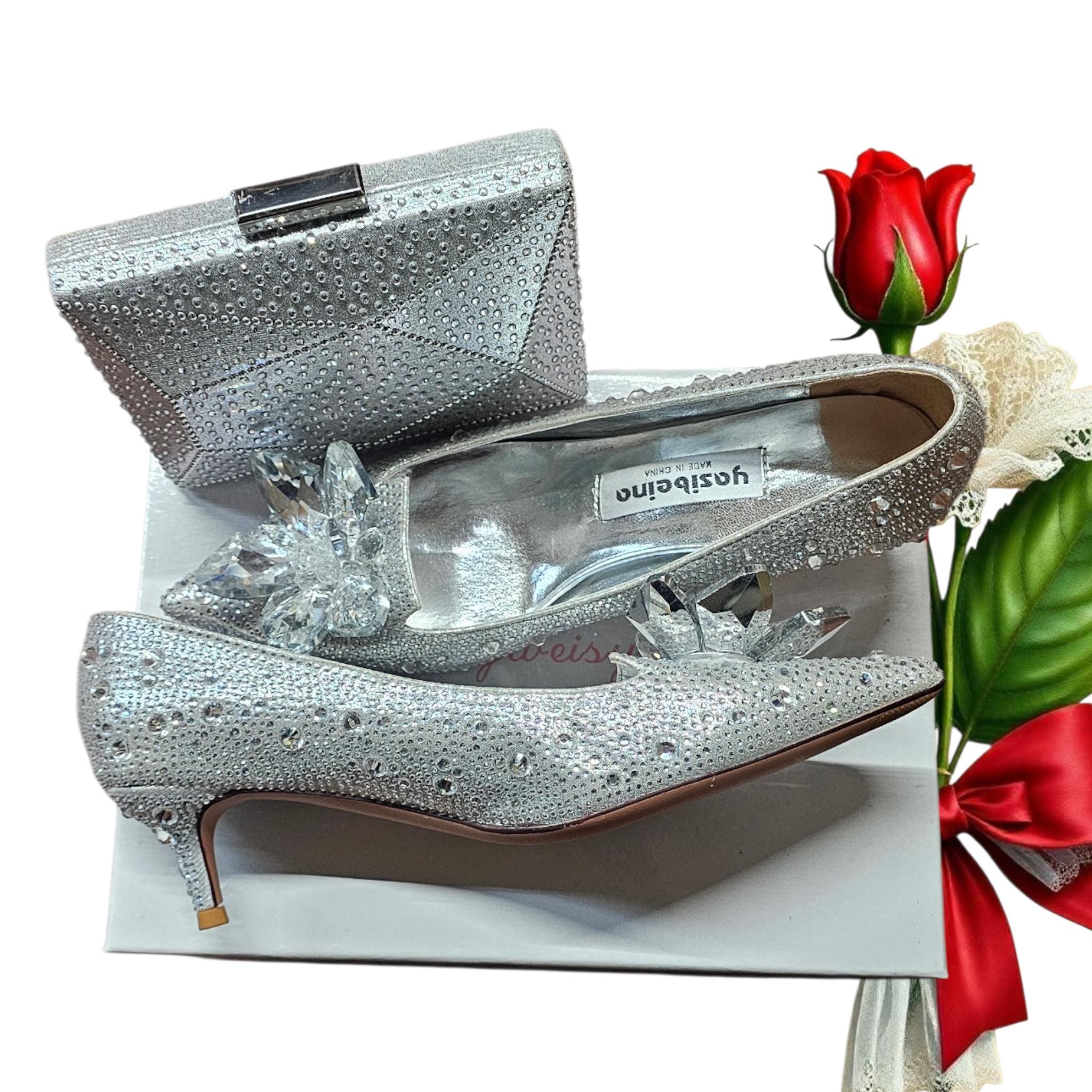 Cinderella glass shoes elegant rhinestones women event shoe and bag set - Vicais
