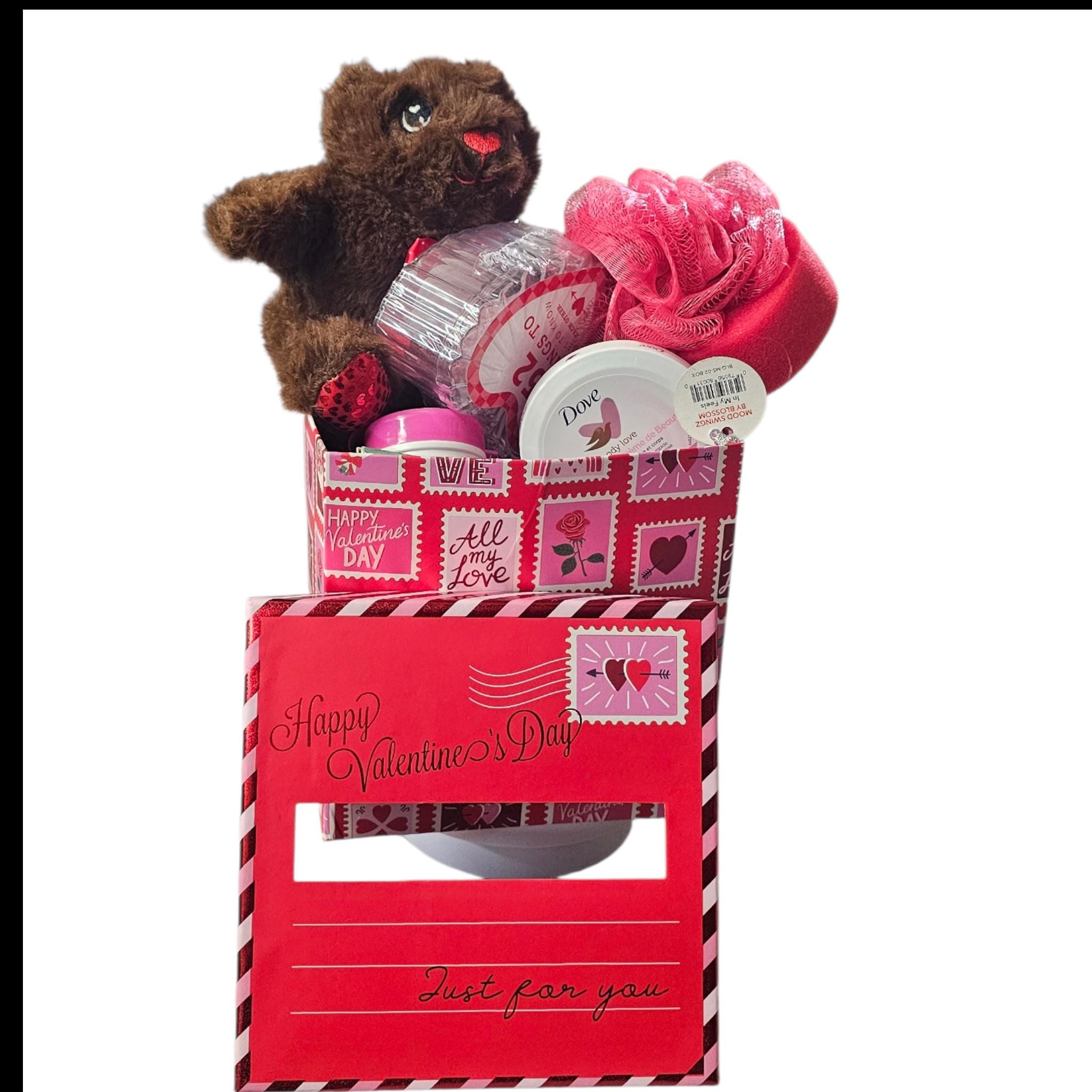 Valentines Day Gift Basket Set brown Teddy Bear Plush And Milk Chocolate - Vicais