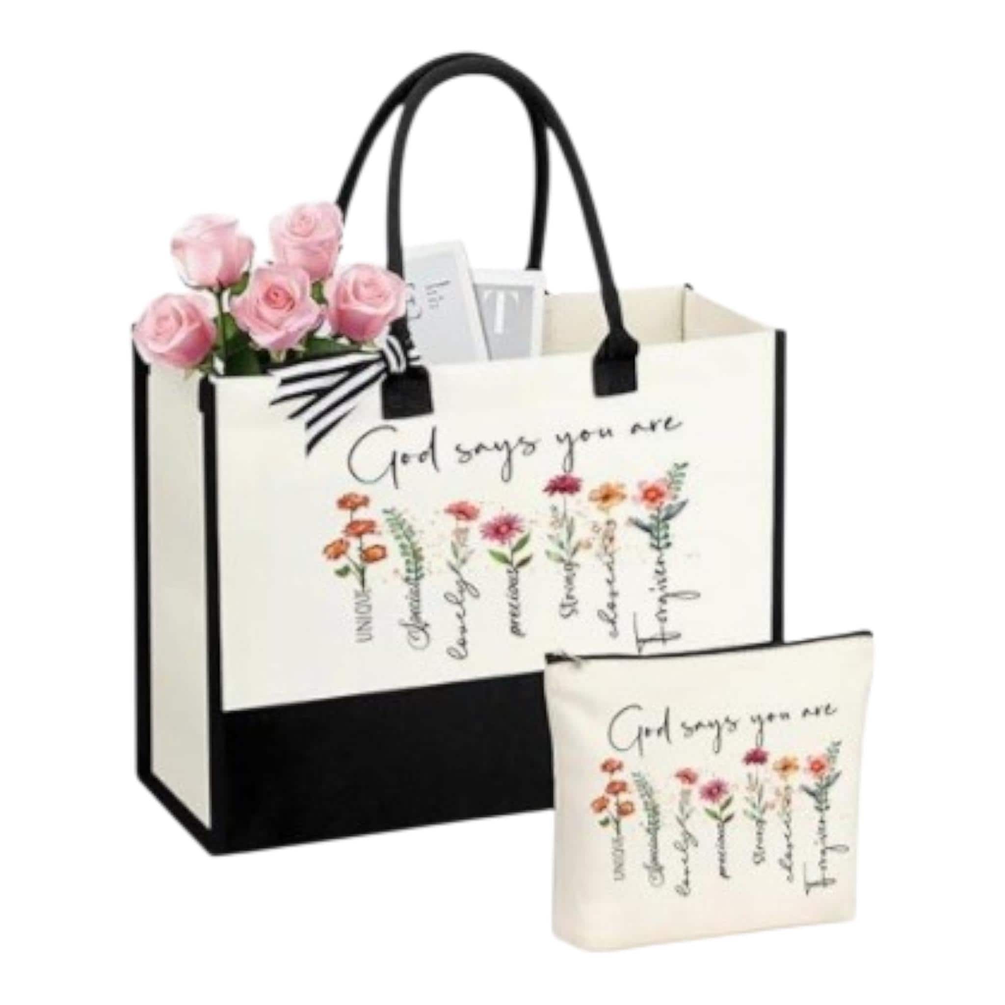 Christian Tote Bag Set, Floral Bible Verse Design, Handmade Canvas Cloth - Vicais