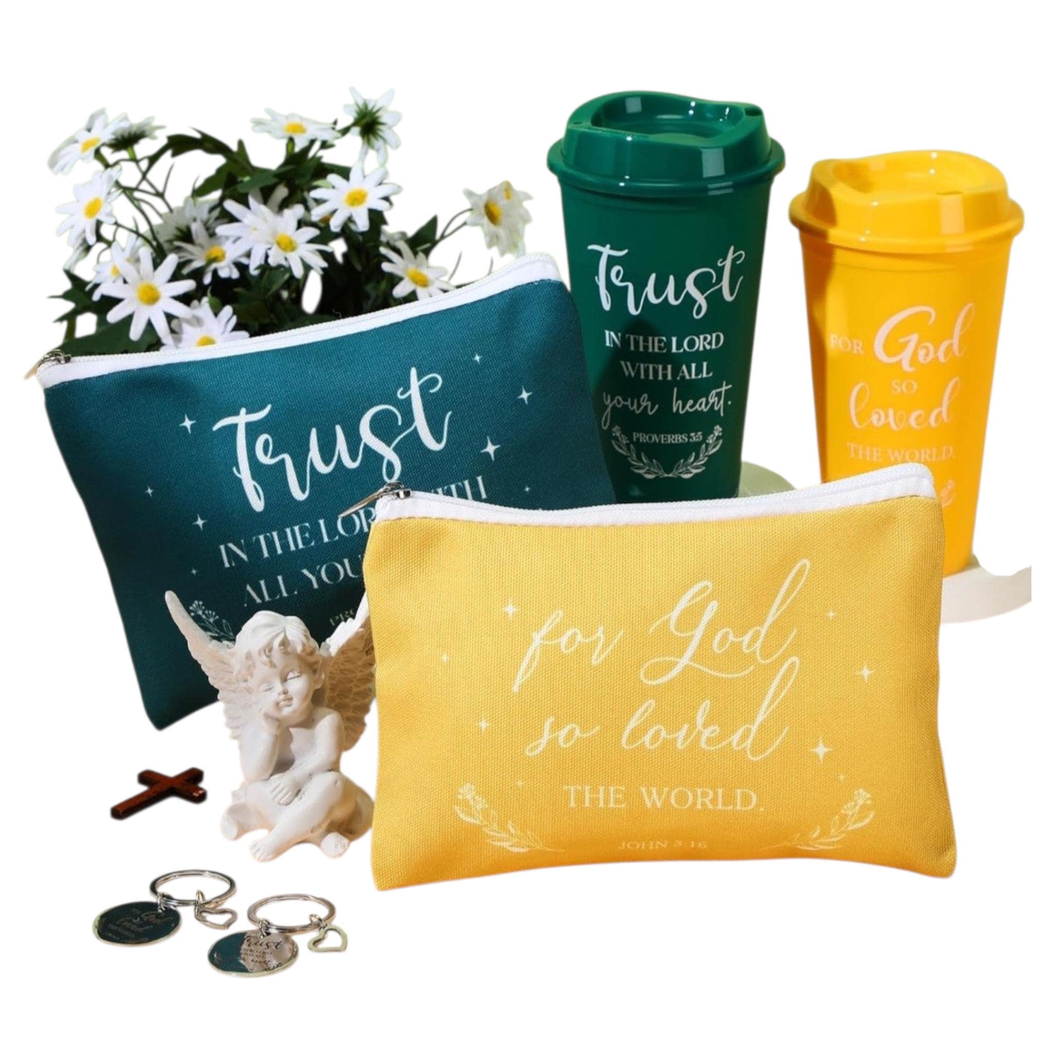 Coffee Cups, Makeup Bag, Keychain Christian Gift Set, Scripture Everyday Living - Vicais
