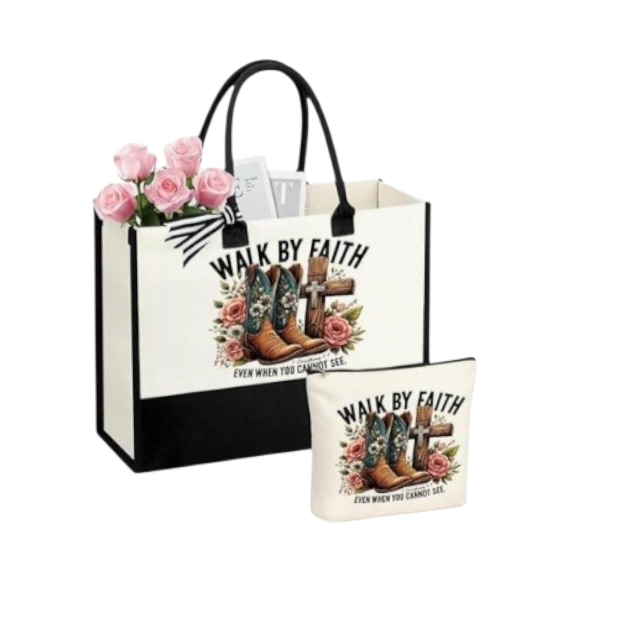 Christian Tote Bag Set, Floral Bible Verse Design, Handmade Canvas Cloth - Vicais