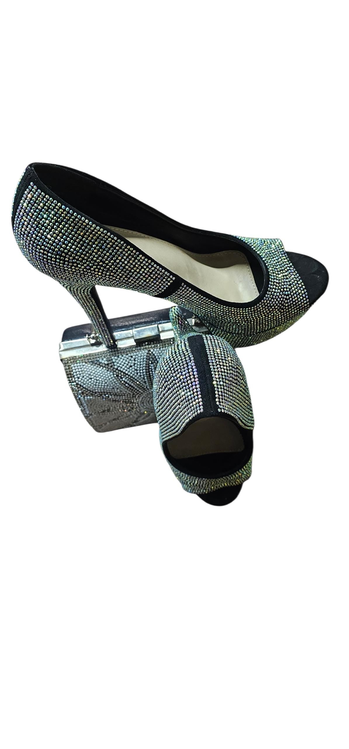 Italian women silver and black stiletto high heel rhinestone shoe sets and bag - Vicais
