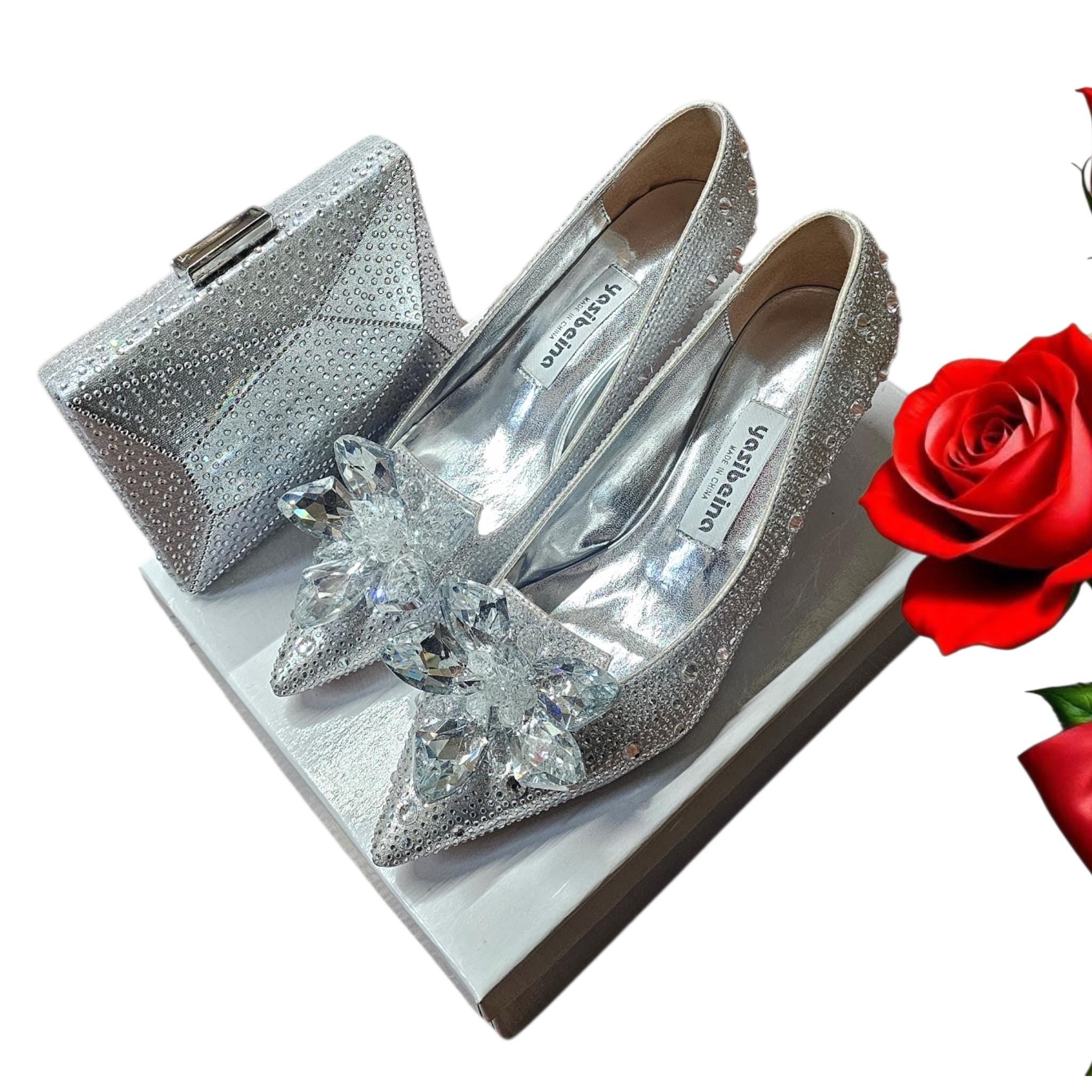 Cinderella glass shoes elegant rhinestones women event shoe and bag set - Vicais
