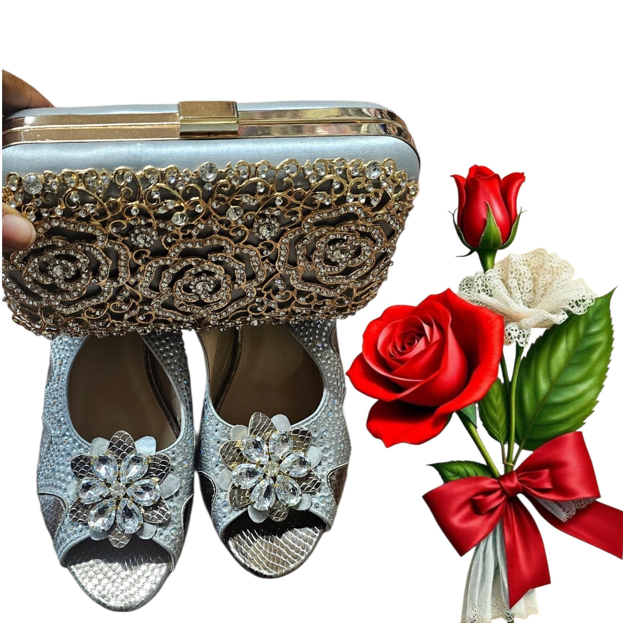 Women Italian rhinestone matching shoe and bag set - Vicais