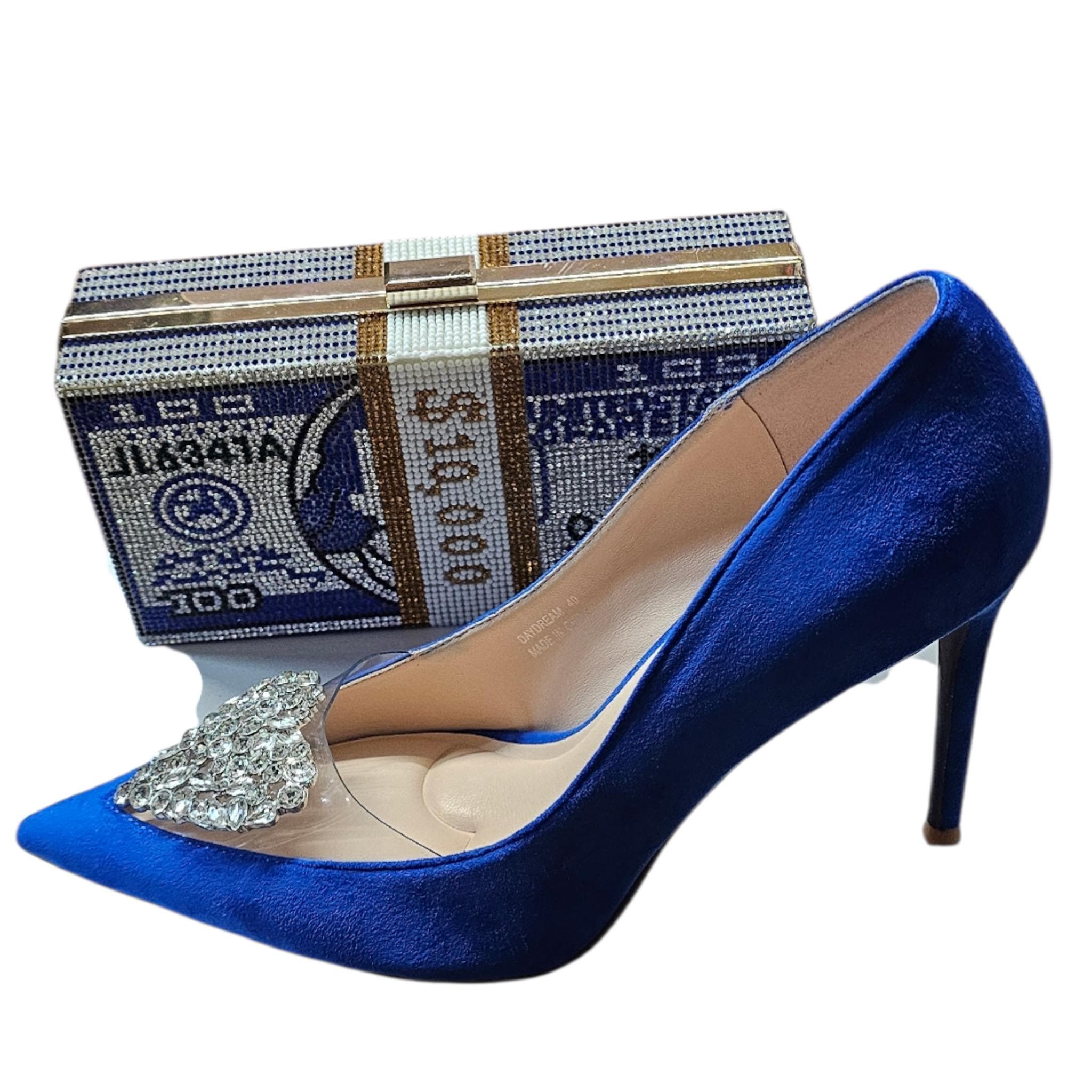 Red bottom suede close toe pointed high heel pump with dollar sign machine bag. - Vicais