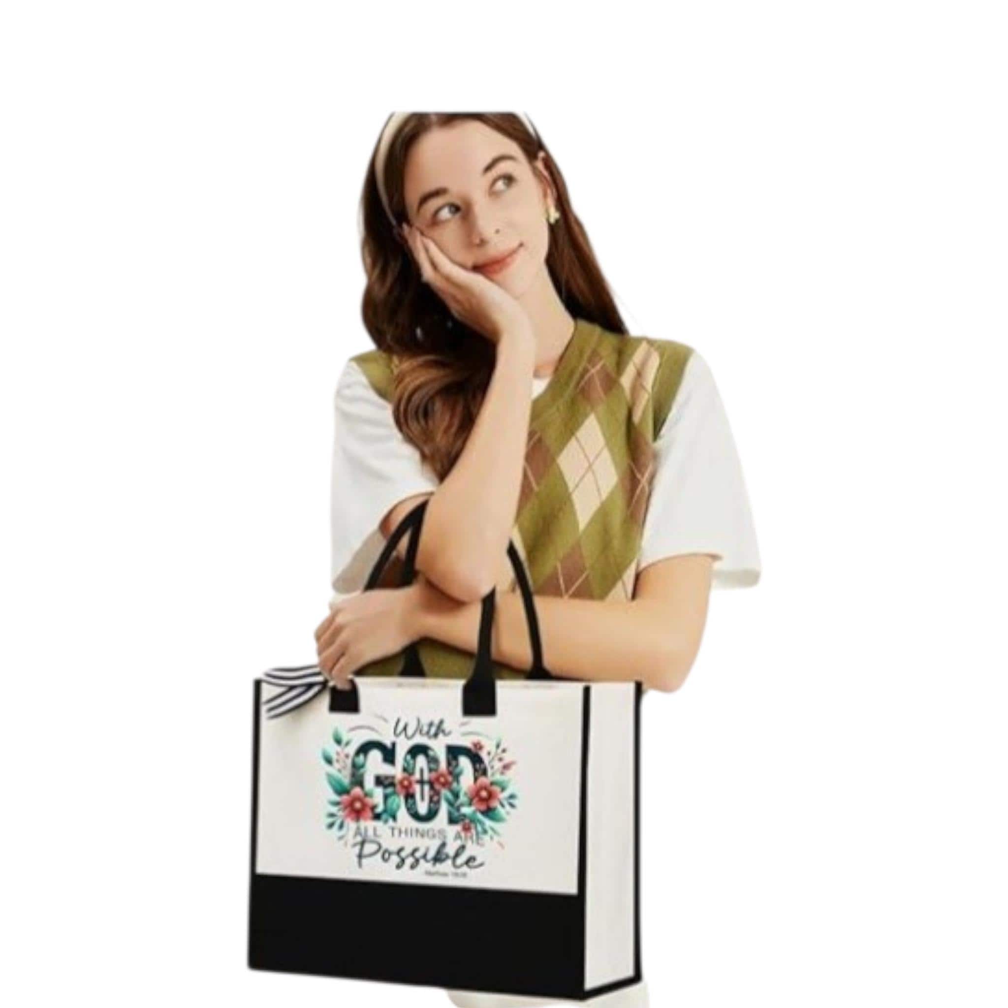 Christian Tote Bag Set, Floral Bible Verse Design, Handmade Canvas Cloth - Vicais
