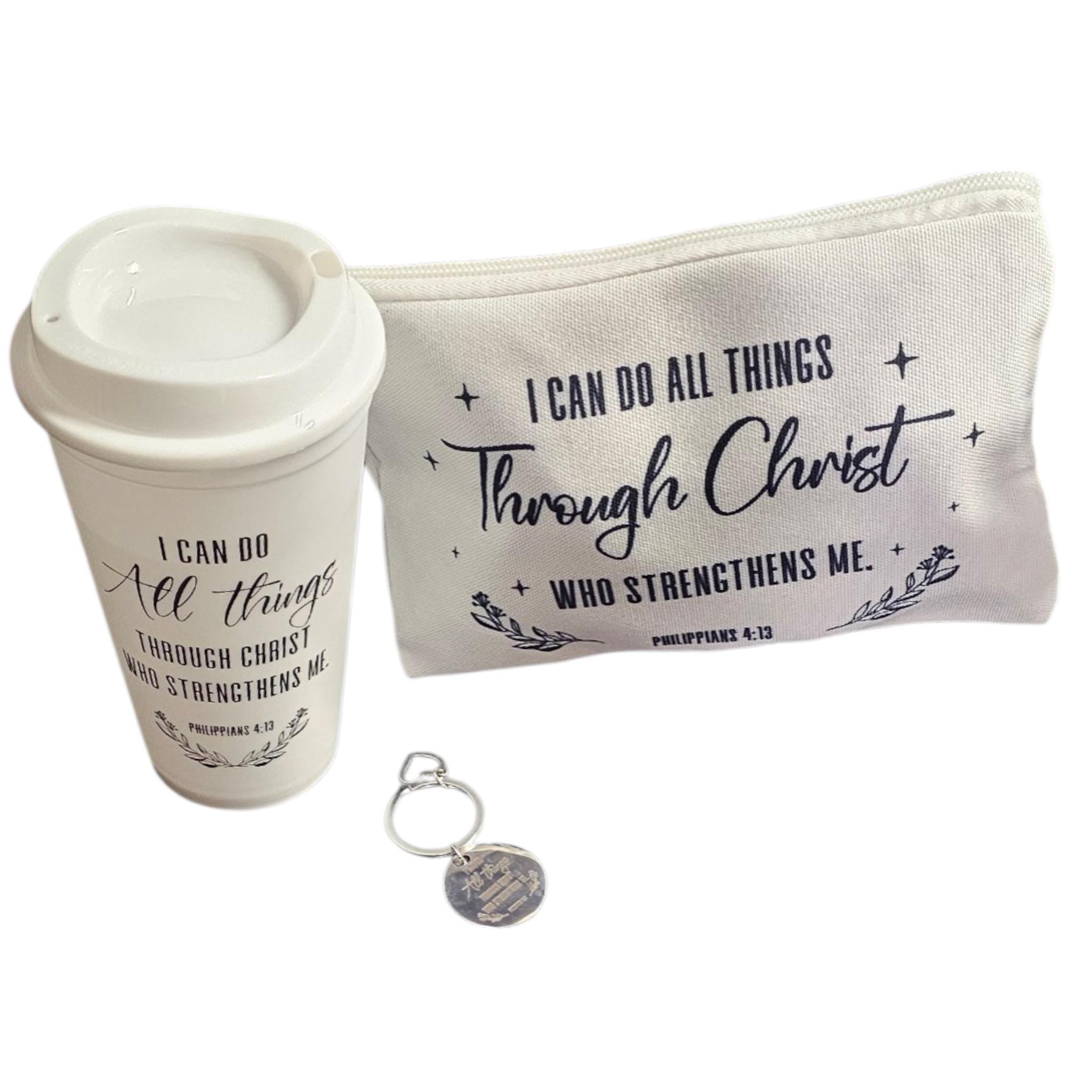 Coffee Cups, Makeup Bag, Keychain Christian Gift Set, Scripture Everyday Living - Vicais